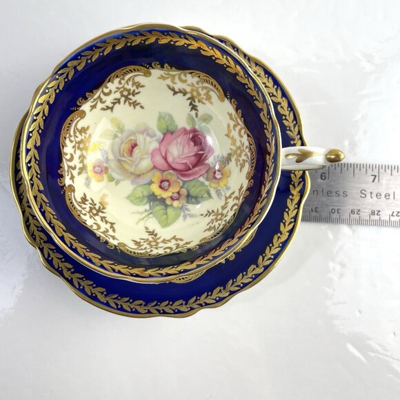 Paragon Teacup & Saucer Cobalt Navy Blue Gold Gilt Cabbage Rose Floral Bouquet - Picture 15 of 16